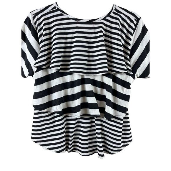 Anthropologie AMO Striped Ruffle Back Short Sleeve Crew Neck Tee Medium B&W - Picture 4 of 11
